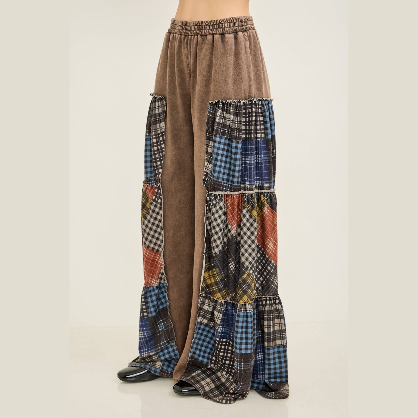Mineral Washed Tiered Plaid Wide Flare Pants