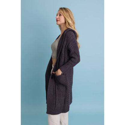 Cable Knit Hooded Cardigan with Large Buttons