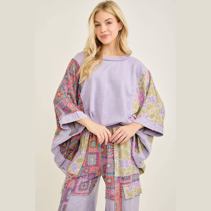 Mineral Washed Crochet Flower Printed Poncho