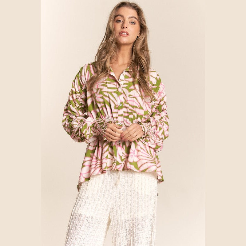 Floral Ruched Sleeve High Low Button Down Top