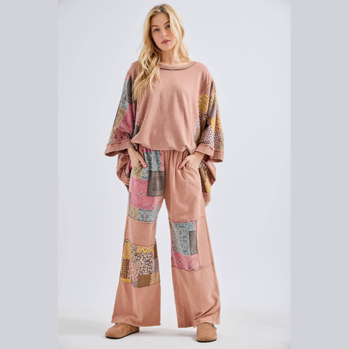 Mineral Washed Boho Patch Poncho Top