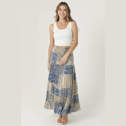 SMOCKED WAISTBAND PATCHWORK PRINT A LINE TIERED M - The Feral Market