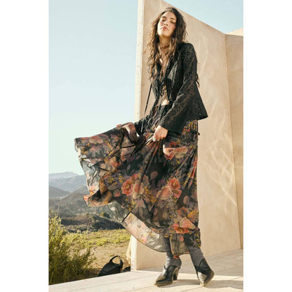 Floral-Print Smocked Drop-Waist Ruffle Maxi Skirt