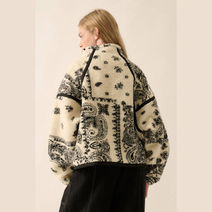 Floral Sherpa Fleece Half-Zip Pullover Jacket