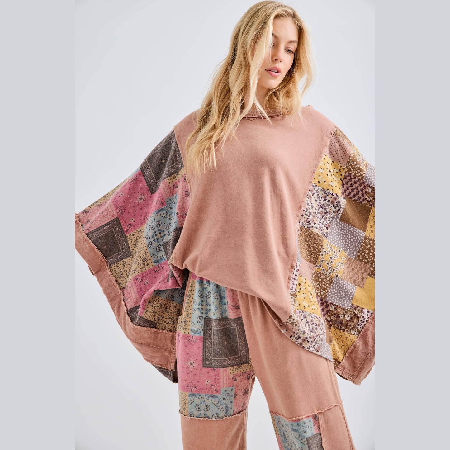 Mineral Washed Boho Patch Poncho Top