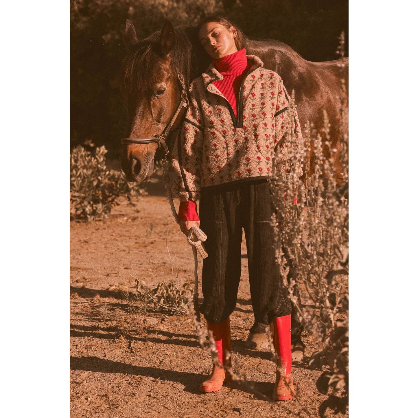 Floral-Print Fleece Half-Zip Pullover Jacket