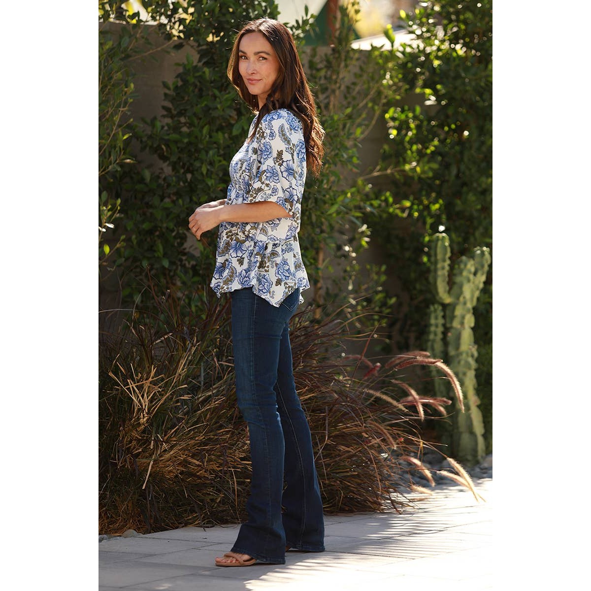 Blue Floral Flowy Smocked Top