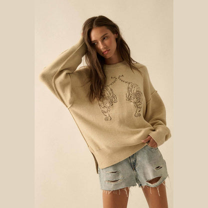 Embroidered Tigers Solid Knit Exposed-Seam Sweater - The Feral Market