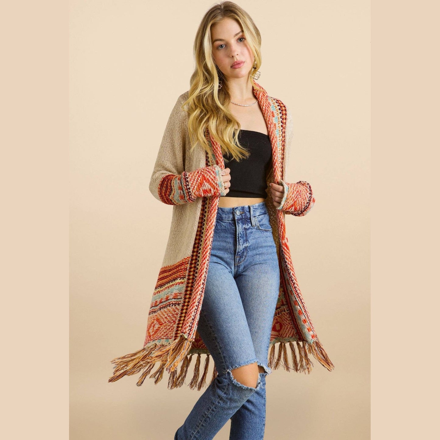Fringe Hem Multicolor Cardigan