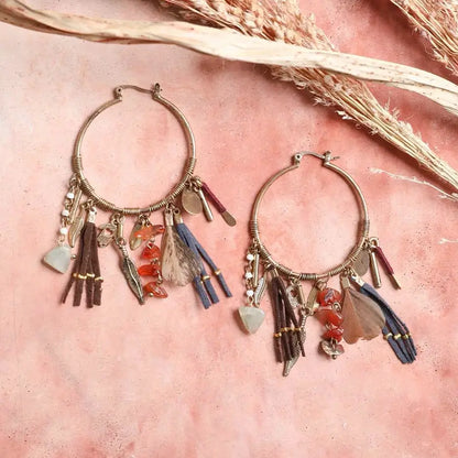 Carnelian & Jade Feather Fringe Hoop Earring