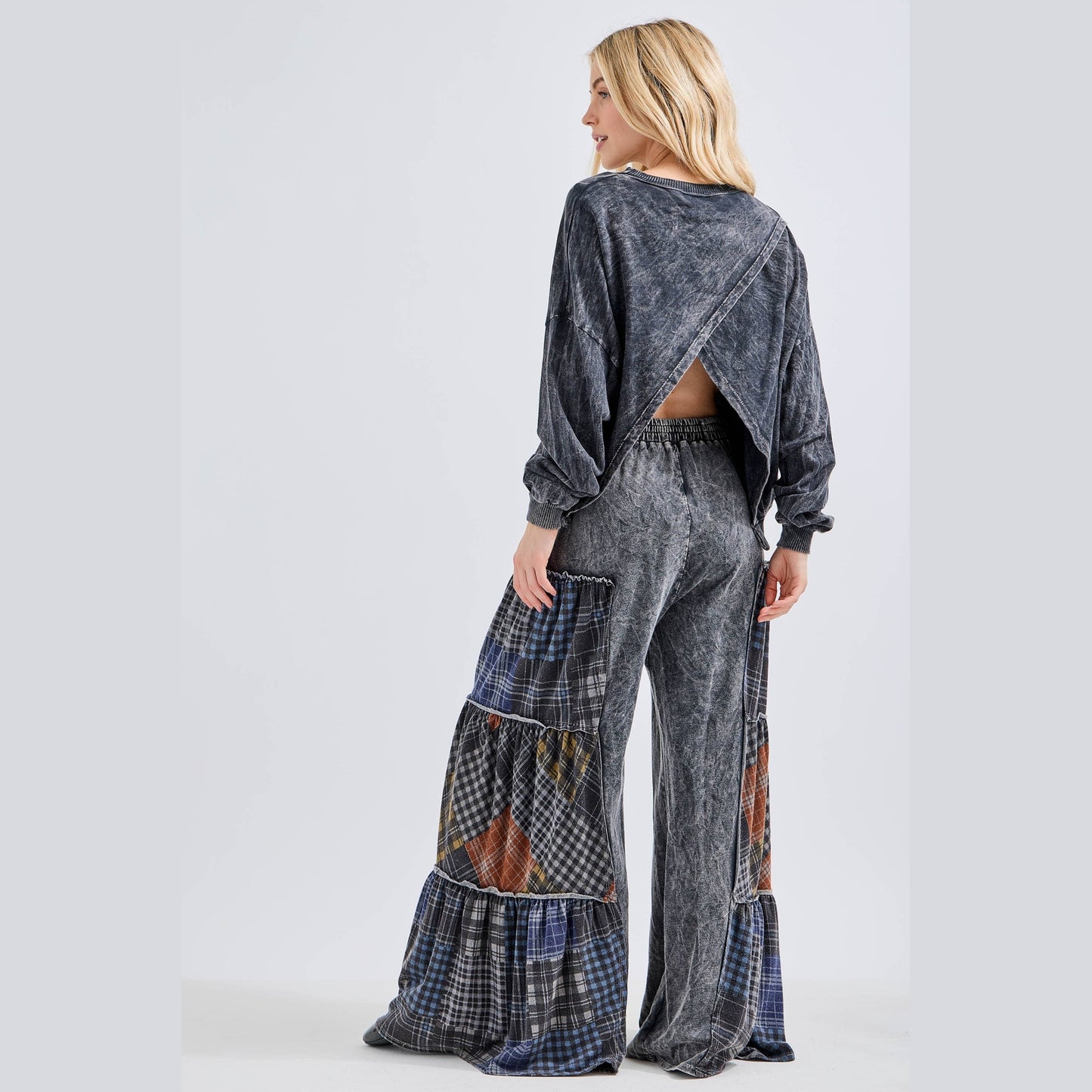 Mineral Washed Tiered Plaid Wide Flare Pants