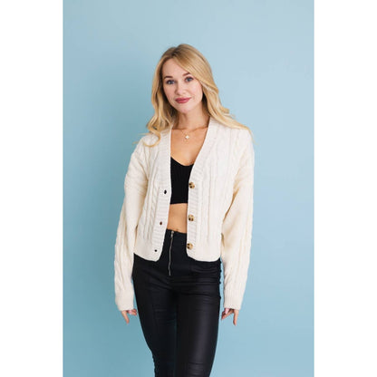Chunky Cable Knit Button-Up Cropped Cardigan - The Feral Market