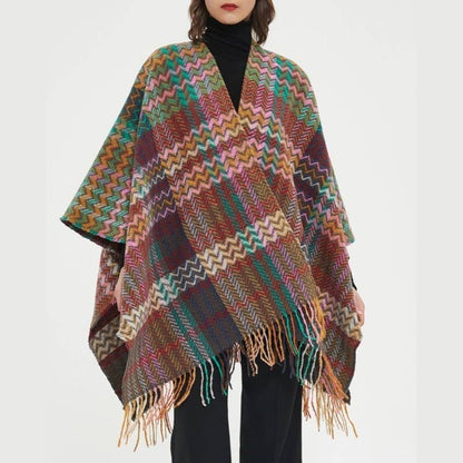 Plaid Ruana Multi-Colored Kimono shawl With Tassel Detail