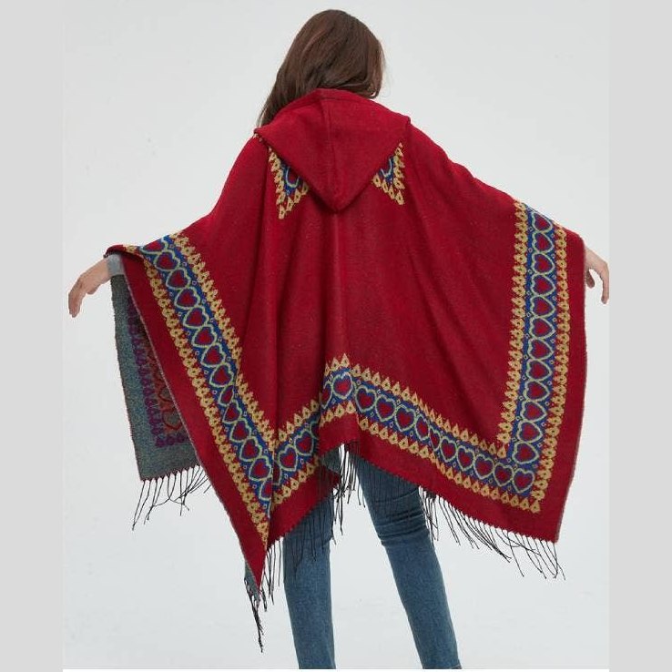 Heart crochet faux wool hooded sweater ruana wrap shawl