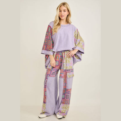 Mineral Washed Crochet Flower Printed Poncho