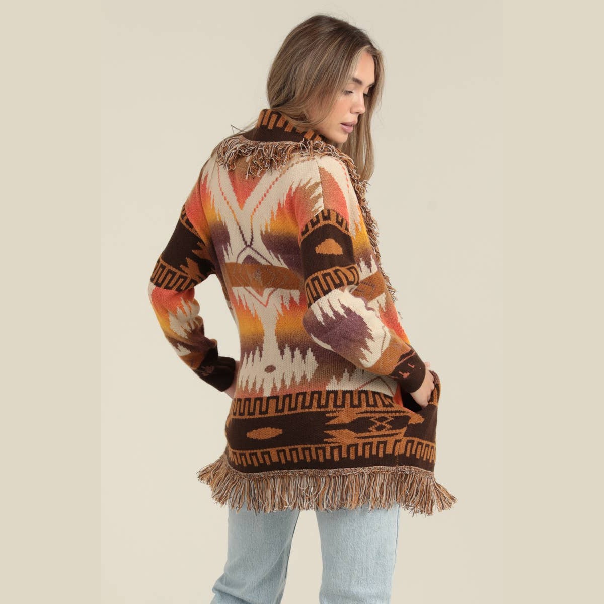 FRINGE SHAWL COLLARD AZTEC CARDIGAN SWEATER