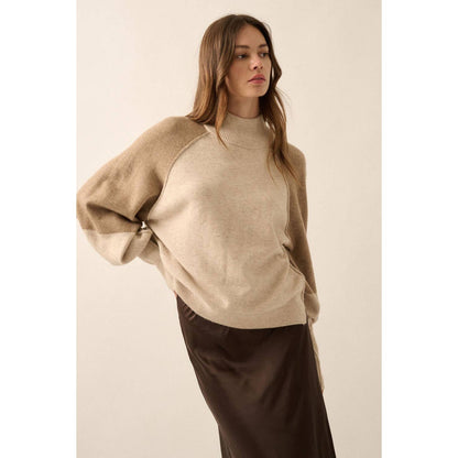Colorblock Knit Bishop-Sleeve Mock-Neck Sweater