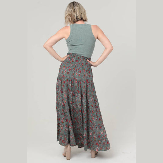 Tiered A-Line Floral Print Maxi Skirt