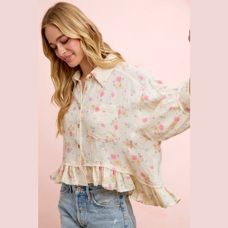 Floral Crinkle Quarter Sleeve Ruffle Hem Shirt Top