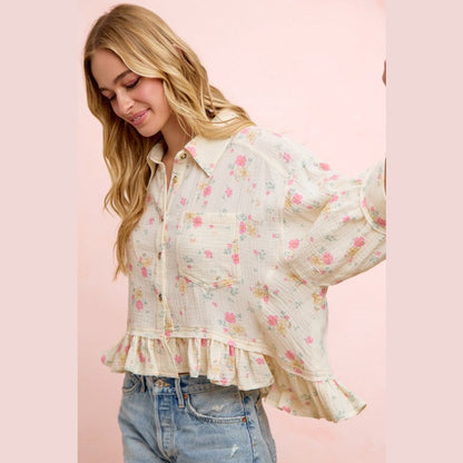 Floral Crinkle Quarter Sleeve Ruffle Hem Shirt Top