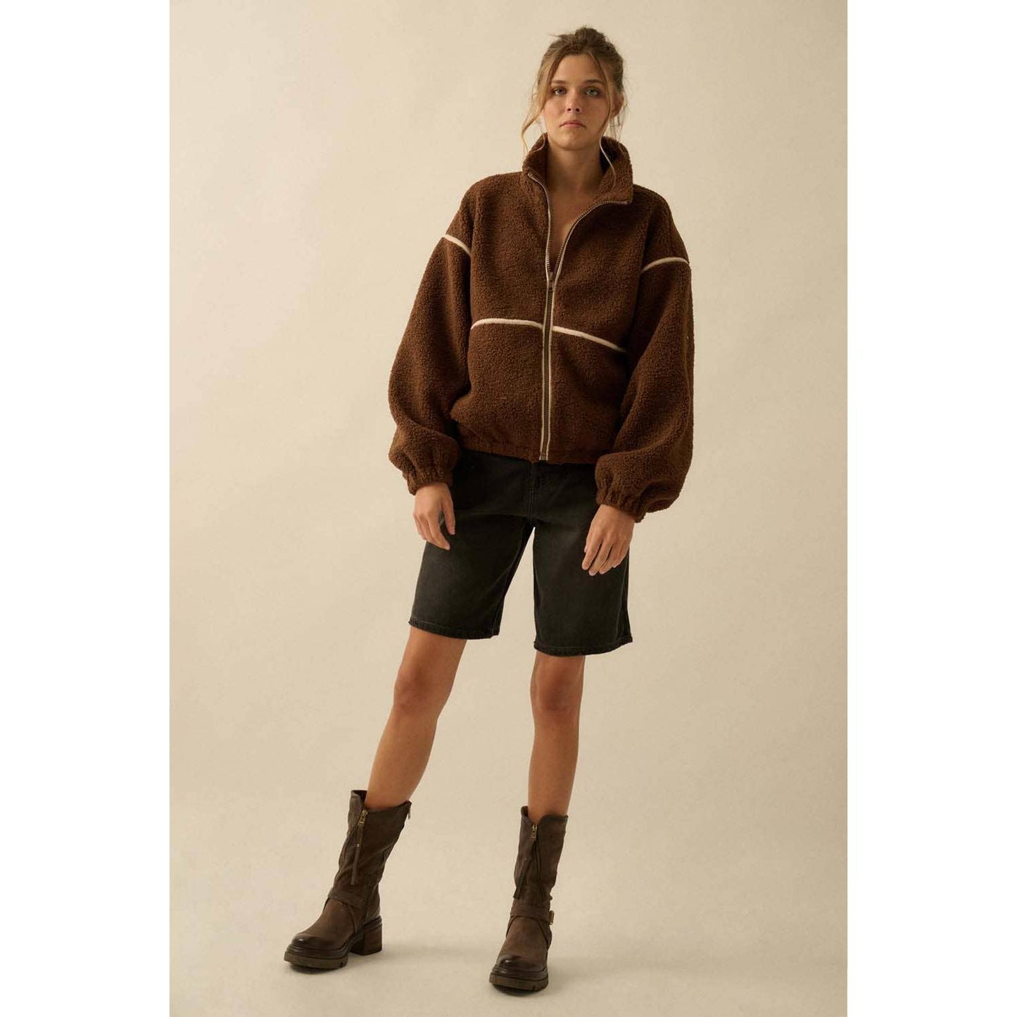 Faux Leather-Trimmed Sherpa Fleece Zip-Up Jacket