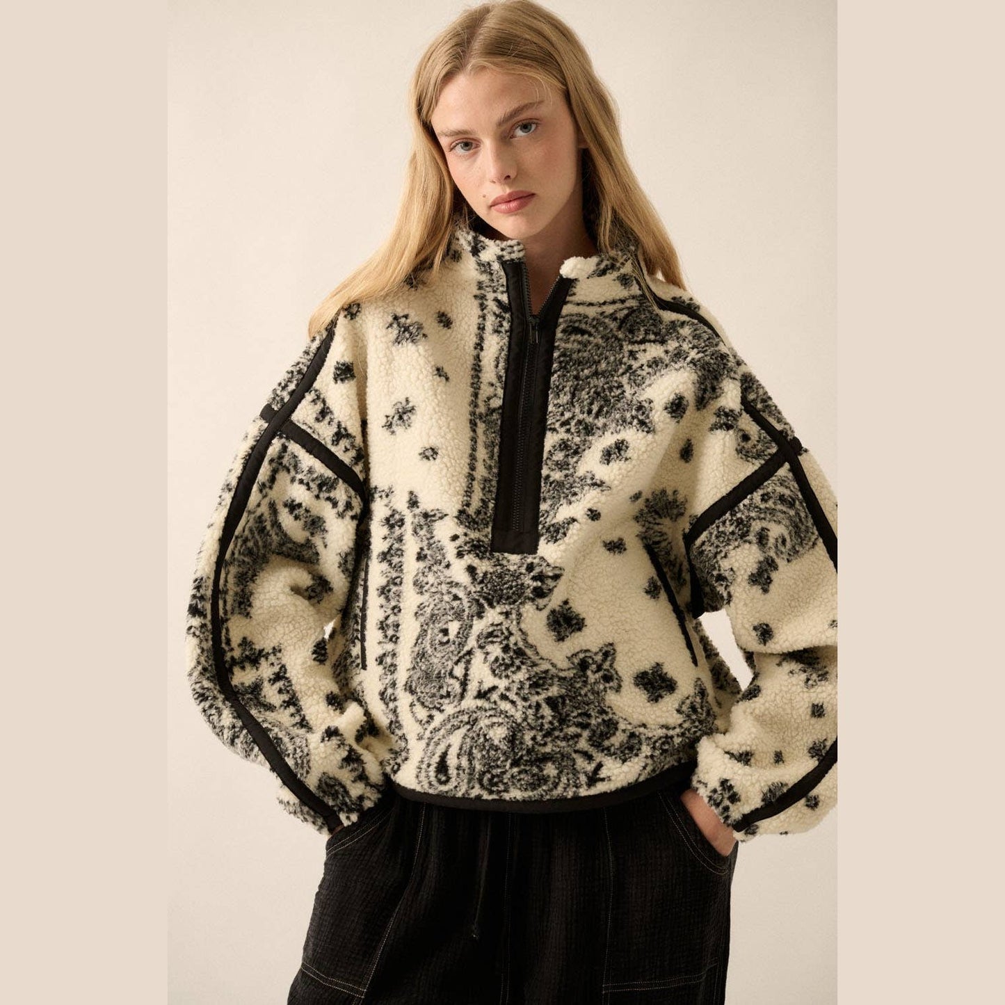Floral Sherpa Fleece Half-Zip Pullover Jacket