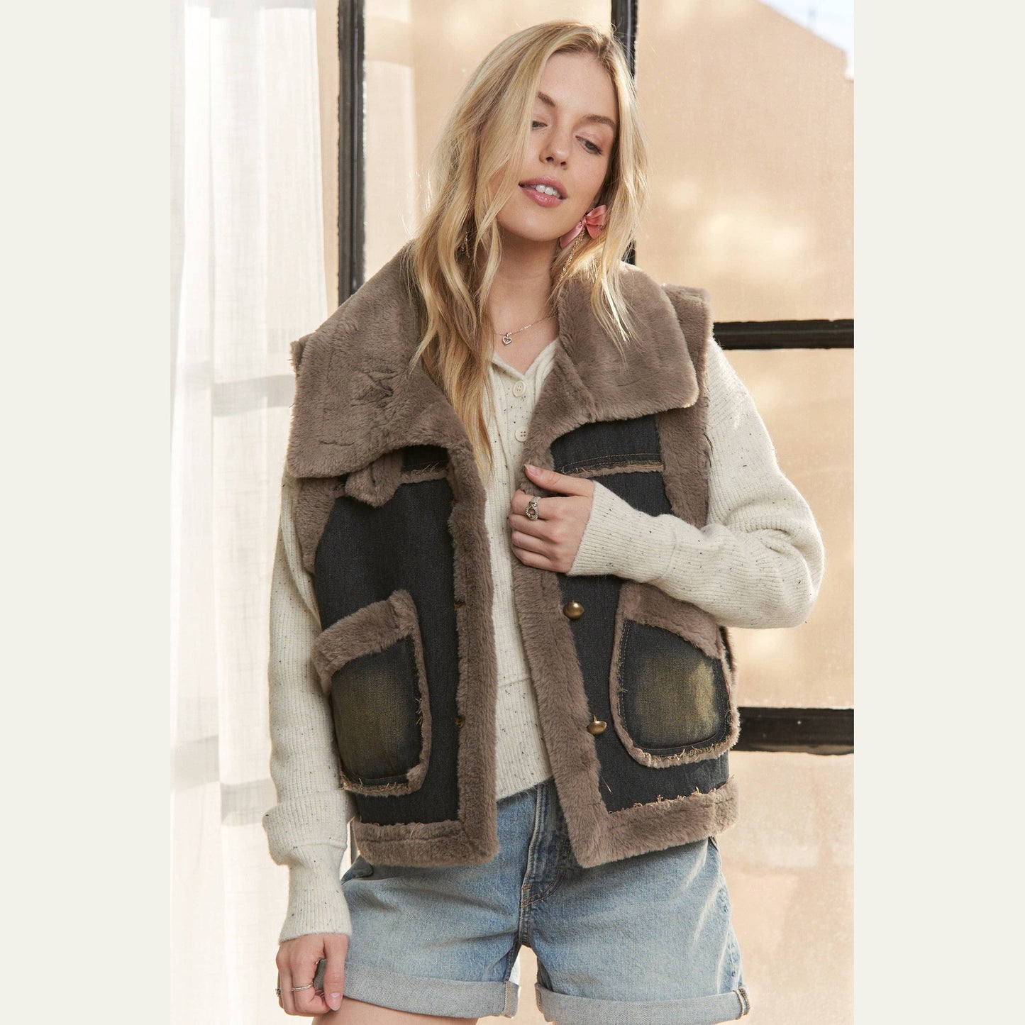 Knit Henly Denim Faux Fur Vest