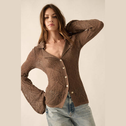 Solid Geometric-Pointelle Bell-Sleeve Cardigan