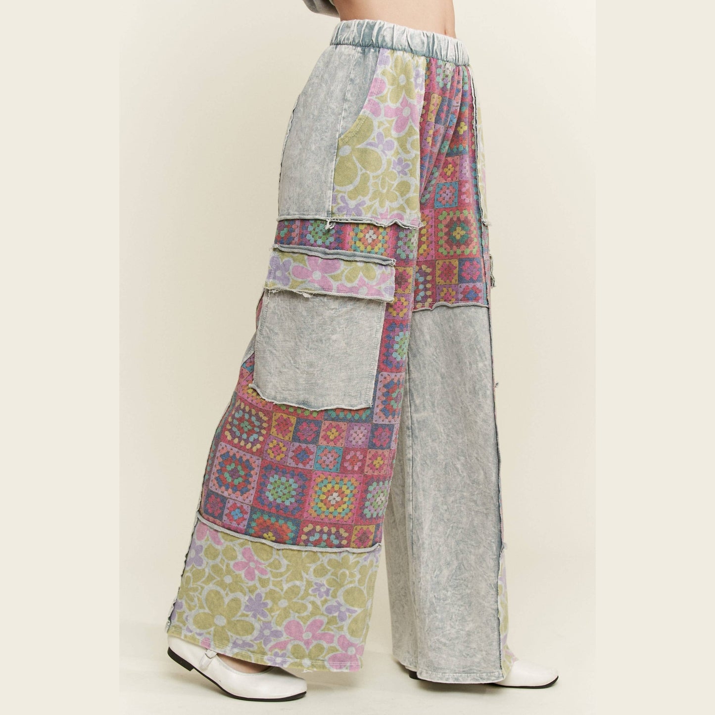 Mineral Wash Boho Crochet Floral Printed Pants