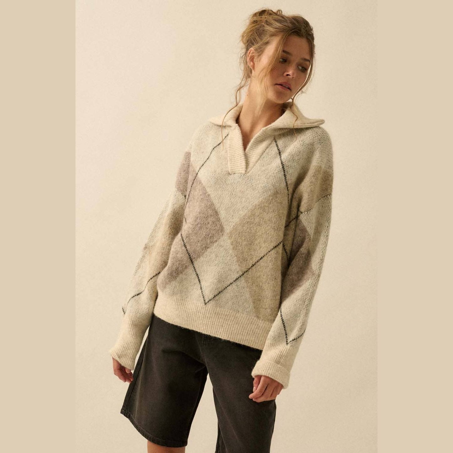 Argyle Plaid Knit Split-Neck Collared Sweater