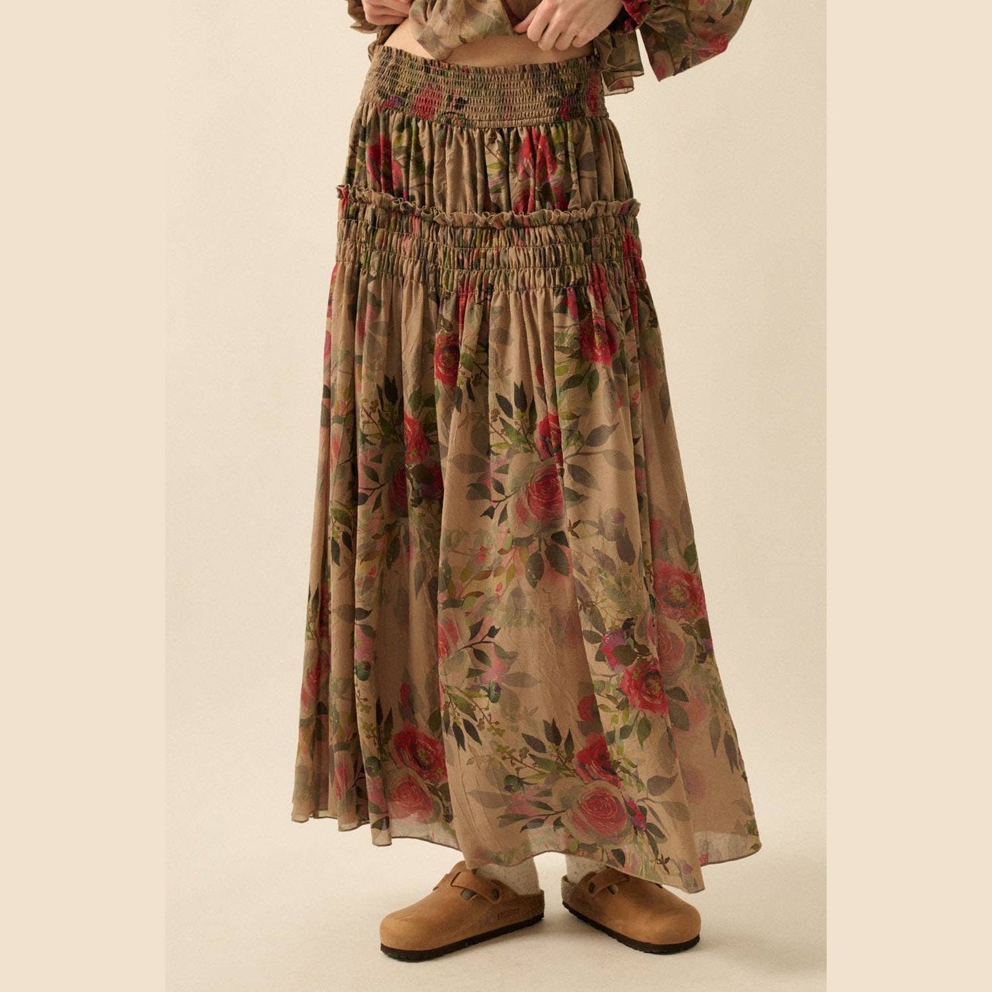 Floral-Print Smocked Drop-Waist Ruffle Maxi Skirt