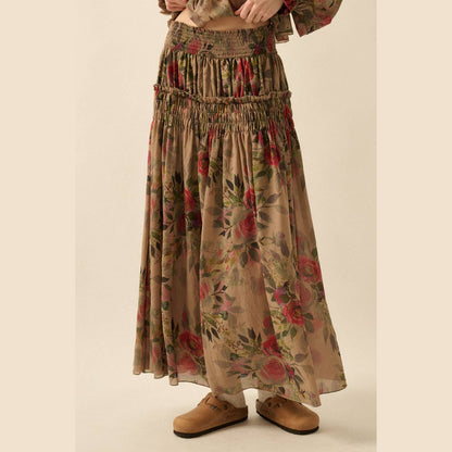 Floral-Print Smocked Drop-Waist Ruffle Maxi Skirt