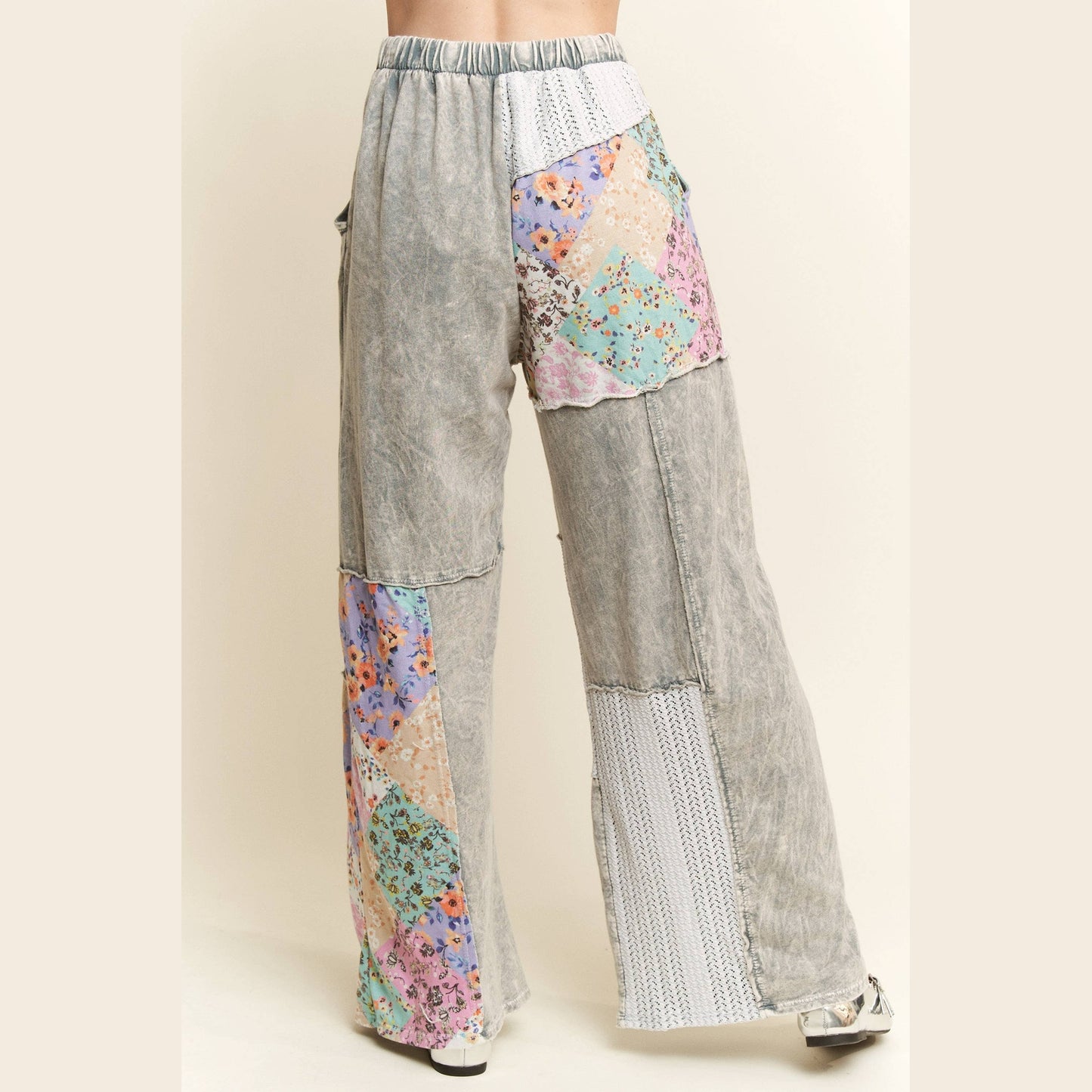 Mineral Washed Floral Wave Knit Jacquard Boho Pants