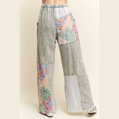 Mineral Washed Floral Wave Knit Jacquard Boho Pants