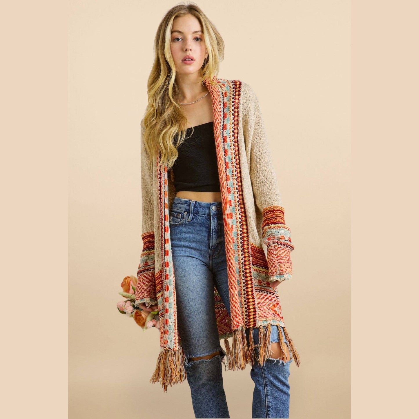 Fringe Hem Multicolor Cardigan