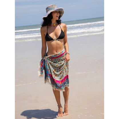 Printed Cotton Sarong - Turquoise Pink Border