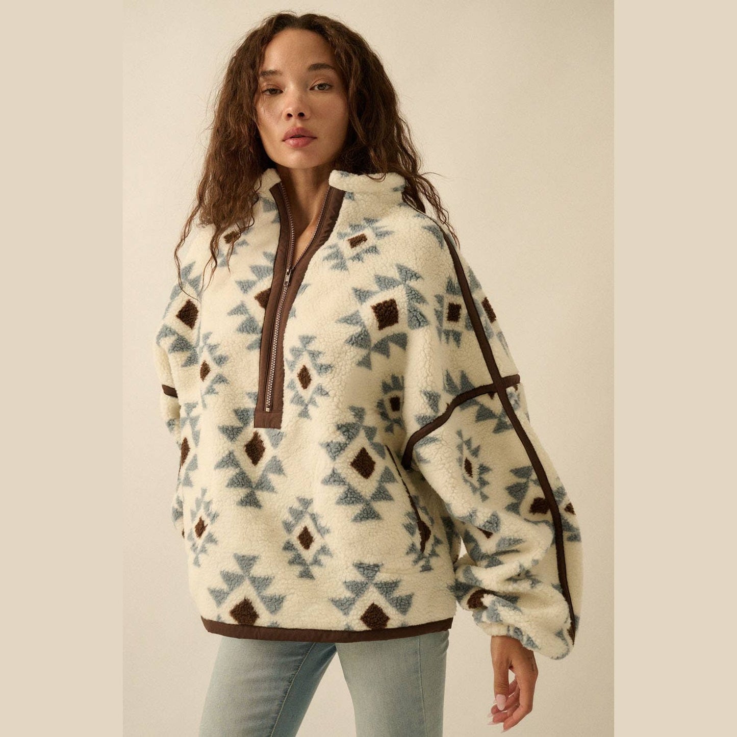 Geometric-Print Sherpa Fleece Half-Zip Pullover