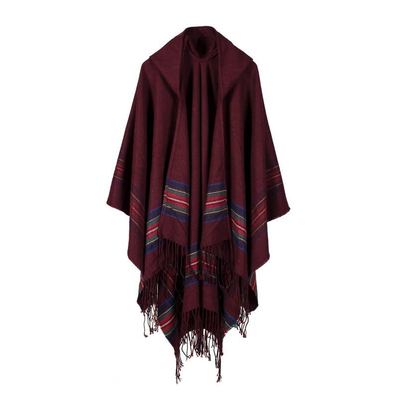 Classic plaid faux wool tartan hooded ruana fringed shawl
