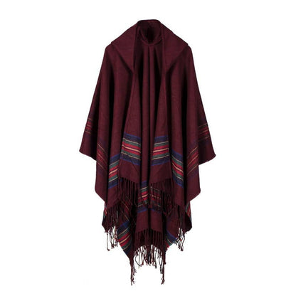 Classic plaid faux wool tartan hooded ruana fringed shawl