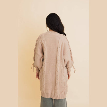 Tie Bubble Sleeve Cable Knit Oversized Cardigan