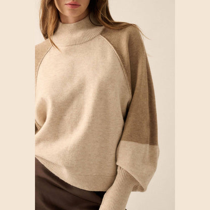 Colorblock Knit Bishop-Sleeve Mock-Neck Sweater