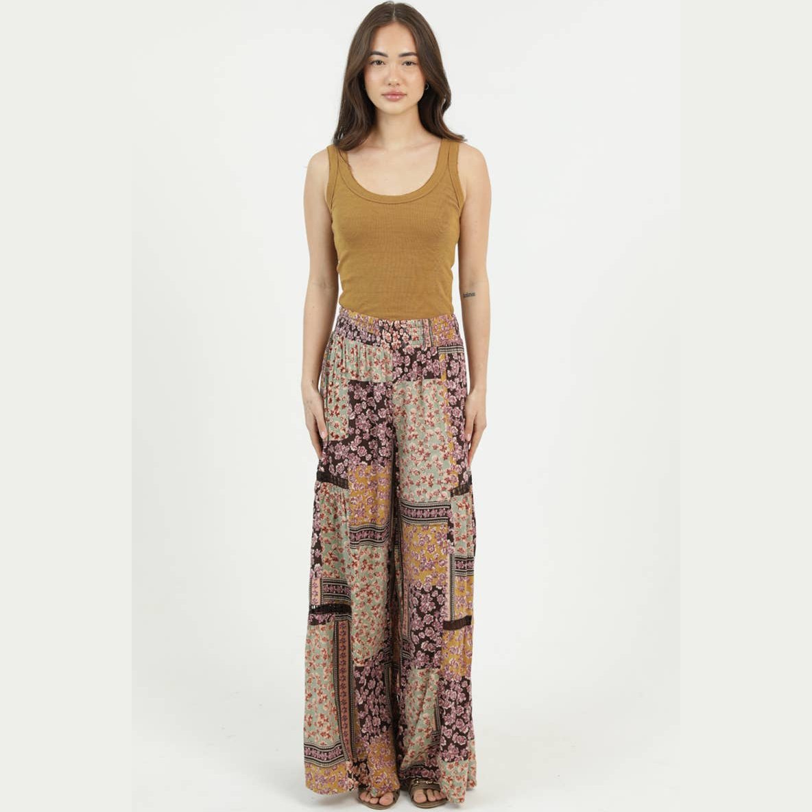 PRINTED WIDE LEG FLARE PANTS WITH LACE TRIM