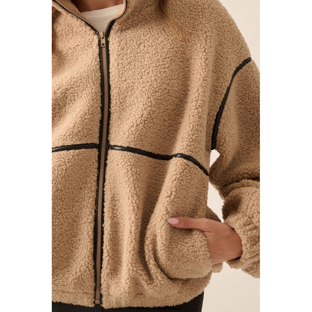 Faux Leather-Trimmed Sherpa Fleece Zip-Up Jacket
