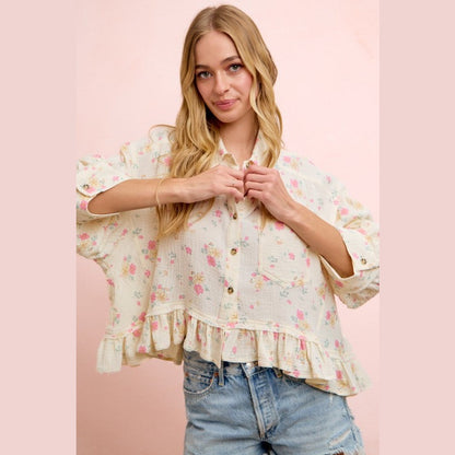 Floral Crinkle Quarter Sleeve Ruffle Hem Shirt Top