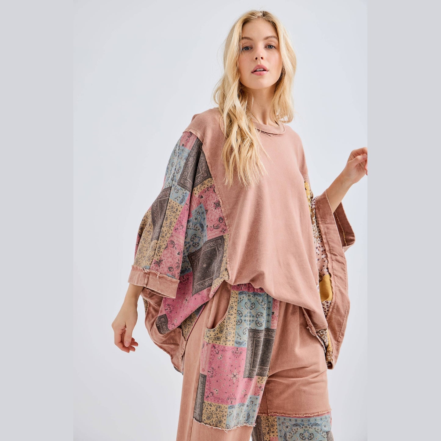Mineral Washed Boho Patch Poncho Top