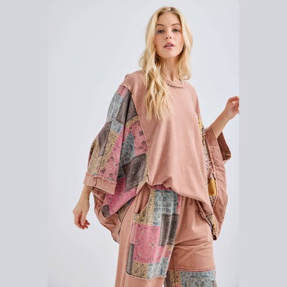 Mineral Washed Boho Patch Poncho Top