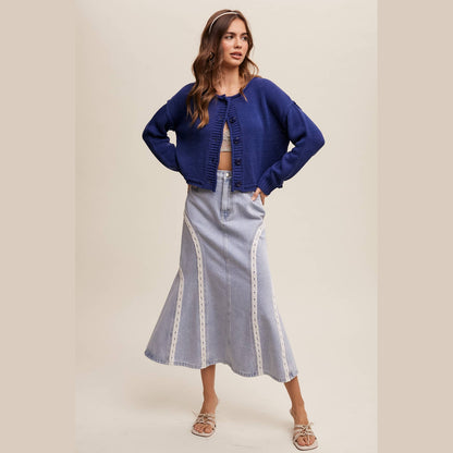 Embroidered Denim Midi Skirt