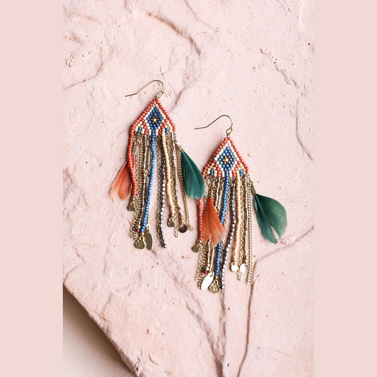 🌟 Statement Fringe Feather Bead Earrings