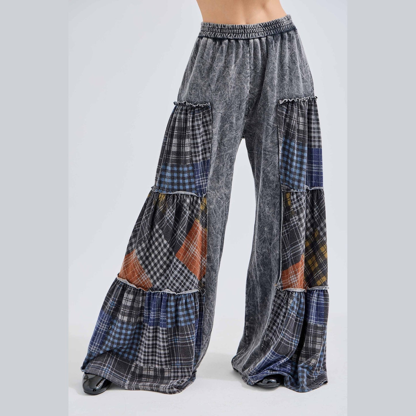 Mineral Washed Tiered Plaid Wide Flare Pants