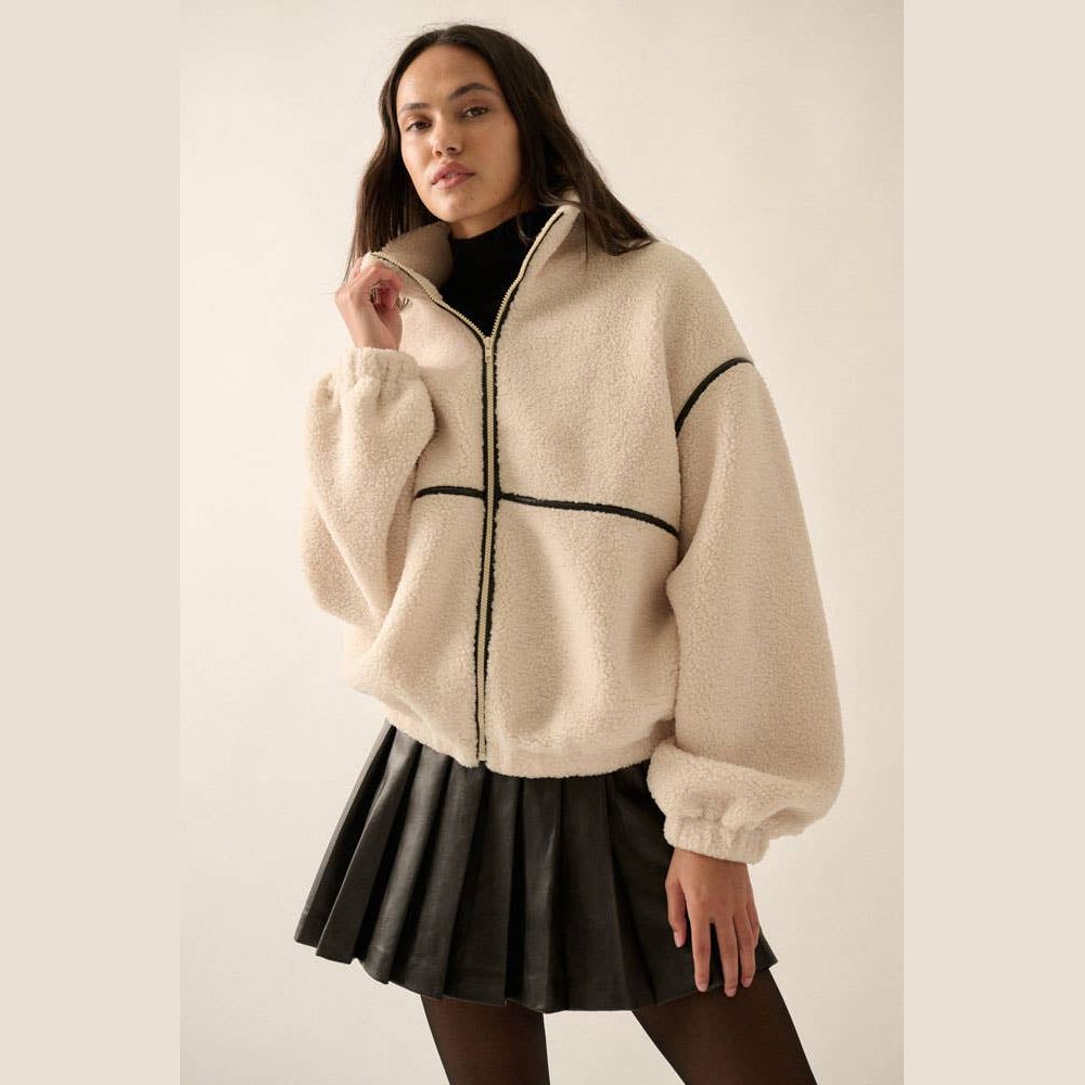 Faux Leather-Trimmed Sherpa Fleece Zip-Up Jacket